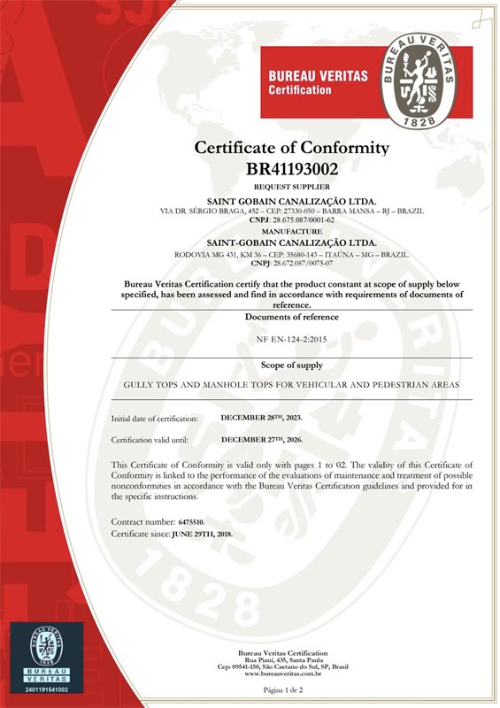 Certificado de conformidad Bureau Veritas para brocales y tapas bajo NF EN 124-2:2015